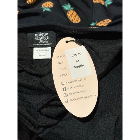 Unique Vintage Black Black Pineapples Halter One Piece Swim Dress Suit M NWT - Picture 3 of 5